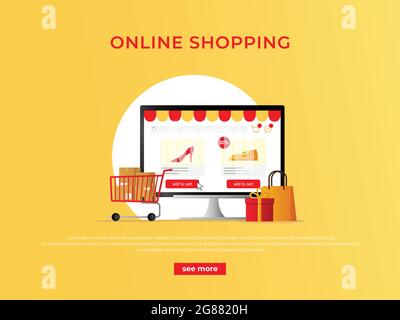 Digitales Marketing, Geschäft, E-Commerce-Shopping-Konzept-Banner, Online-Shop auf Computer-Monitor Stock Vektor