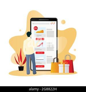 Mobile Commerce Vektor-Konzept mit einem Kunden wählt Artikel in Shopping-Anwendung auf dem Smartphone. Stock Vektor