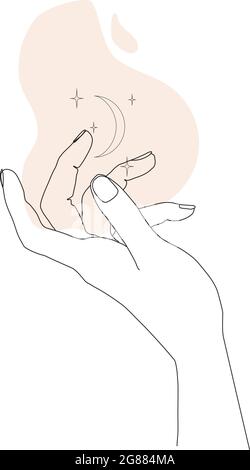 Sterne und Mond in der Hand. Linienkunst Konzept des magischen Symbols. Lineare mystische Hand mit abstrakter Form. Stock Vektor