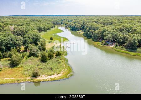 Luftaufnahme von Hog Creek und Umgebung, East Hampton, NY Stockfoto