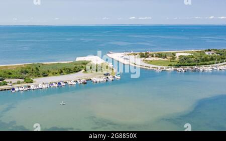 Luftaufnahme der Lion Head Beach Association und Clearwater Beach, East Hampton, NY Stockfoto