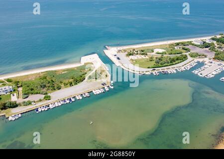 Luftaufnahme der Lion Head Beach Association und Clearwater Beach, East Hampton, NY Stockfoto