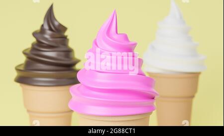 Close up Soft Servieren Sie Eiscreme mit Erdbeer-, Vanille- und Schokoladenaromen auf knusprigem Kegel auf gelbem Hintergrund. 3D-Modell und Abbildung. Stockfoto