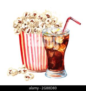 Popcorn in rot-weiß gestreiftem Pappeimer und Glas Cola. Handgezeichnete Aquarelldarstellung isoliert auf weißem Hintergrund Stockfoto