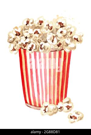 Popcorn in rot-weiß gestreiftem Pappeimer. Handgezeichnete Aquarelldarstellung isoliert auf weißem Hintergrund Stockfoto