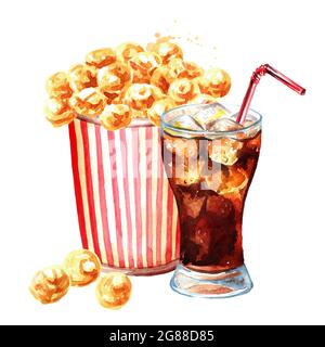 Karamell Popcorn in rot-weiß gestreiftem Pappeimer und Glas Cola. Handgezeichnete Aquarelldarstellung isoliert auf weißem Hintergrund Stockfoto