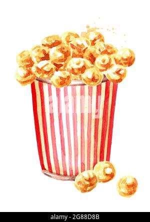 Karamell Popcorn in rot-weiß gestreiftem Pappeimer. Handgezeichnete Aquarelldarstellung isoliert auf weißem Hintergrund Stockfoto