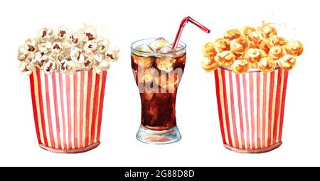 Karamell und gesalzener Popcorn in rot-weiß gestreiftem Pappeimer und Glas Cola-Set. Handgezeichnete Aquarellillustration isoliert auf weißem Hintergrund Stockfoto