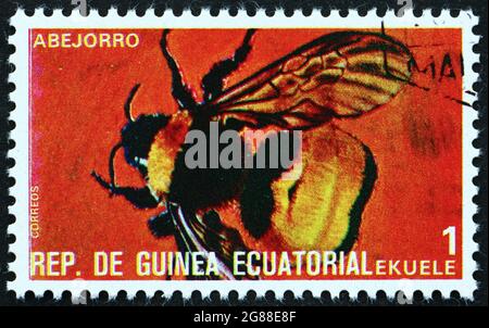 ÄQUATORIALGUINEA - UM 1978: Eine in Äquatorialguinea gedruckte Marke zeigt Bumblebee, Bombus, Insect, um 1978 Stockfoto