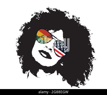 Afrowoman Juneteenth Independence Day. Freiheit oder Emanzipation Tag 1865. Jährliche amerikanische Feiertage. Lockiges Haar Mädchen mit Sonnenbrille. Stock Vektor