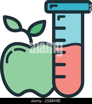Wissenschaftliche Laborflasche mit Apfel-Symbol, Bildungseinrichtung Prozess, zurück zur Schule Farblinie flache Vektor-Illustration, isoliert auf weiß. C Stock Vektor