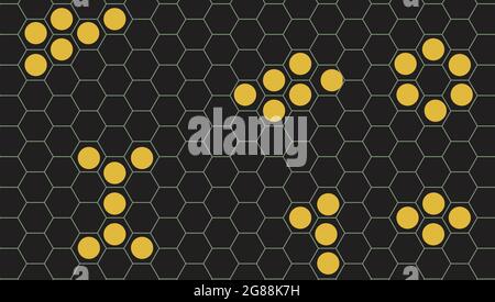 Schwarze Sechsecke und abstrakter Hintergrund aus gelben Kreisen Stock Vektor