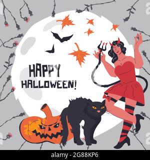 Halloween-Karte oder Poster, Party Einladung Vorlage mit Teufel Mädchen und schwarze Katze Zeichen, Vektor-Illustration. Halloween-Banner oder Grußkarte d Stock Vektor