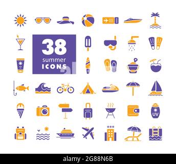 Sommer-Vektorglyphensymbole eingestellt. Sommerzeitzeichen. Graph-Symbol für Reise- und Tourismus-Website und Apps Design, Logo, App, UI Stock Vektor