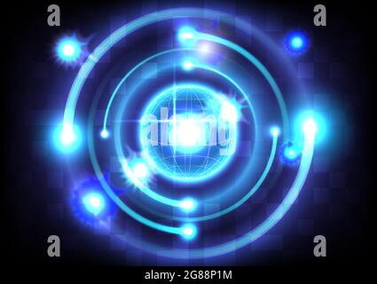 Abstrakter futuristischer Hightech-Hintergrund. Blaue Lichteffekte auf runden Platzhaltern. Sci-Fi glühende Kugel. Digitale Infografik zur Technologie Stock Vektor