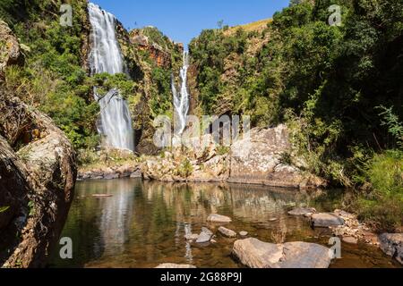 Die Wasserfälle von Lissabon und der Pool von unten gesehen, Mpumalanga, Südafrika Stockfoto