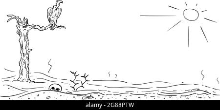 Vektor-Cartoon-Zeichnung der ariden Wüstenlandschaft Illustration mit Geier sitzt auf dem toten Baum Stock Vektor