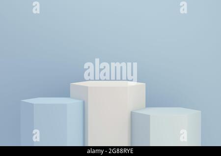 Sechseckiges Podium zur Produktanzeige auf blauem Hintergrund. Leere Podestplattform. 3D-Rendering. Stockfoto