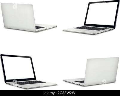 Modell auf der Vorder- und Rückseite des Laptops auf weißem Hintergrund isoliert. Vektorgrafik. Stock Vektor