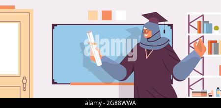 Graduierter Student mit Zertifikat in der Nähe der Tafel Absolvent feiern akademische Diplom Abschluss Bildung stehen Stock Vektor