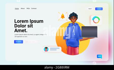 afroamerikanischer Mann mit Laptop Social Media Netzwerk Online-Kommunikation Konzept Porträt Stock Vektor