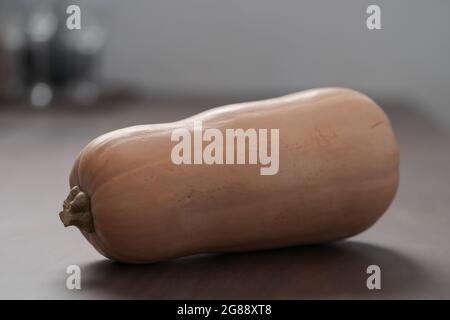Ganze Butternut Squah auf Walnussholz-Tisch, flacher Fokus Stockfoto
