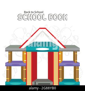 Illustration von Back to School. Das Schulgebäude wurde mit Büchern gebaut. Stock Vektor
