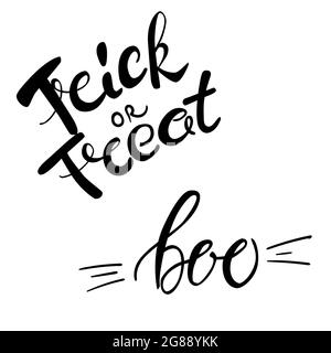 Trick or Treat und Boo handgezeichnete Schriftzüge. Vektorgrafik mit Tinte auf einem weißen Bild. Halloween Design-Element. Stock Vektor