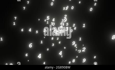 Eine 3d-Darstellung der Zahlen von 0 bis 9, die auf dem schwarzen Rahmen schweben Stockfoto