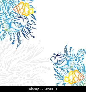 Exotische Fische des Korallenriffs gegen abstrakte Muster. Gut für T-Shirt-Drucke und Souvenirs und Verkaufsbanner. Stock Vektor