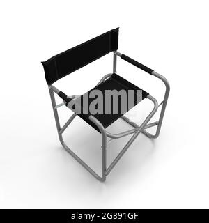 Directors Chair 3d-Rendering eines Aluminium konstruierten faltbaren Directors Chair mit schwarzem Sitzmaterial und schwarzer Rückenlehne mit isolierten Stichlinien. Stockfoto