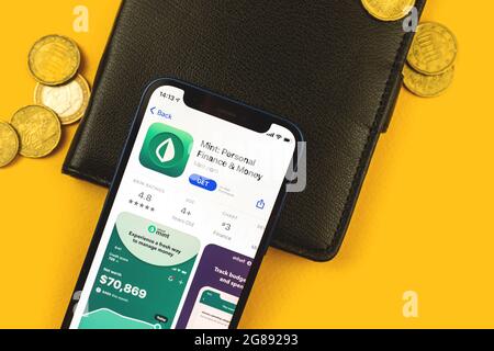 Charkow, Ukraine - 2. Juli 2021: Mint Personal Finance and Money Application Icon und Logo auf dem Bildschirm Stockfoto