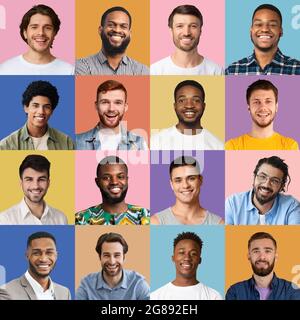 Gutaussehende Männer verschiedenen Ethnien posieren auf bunten Hintergründen Stockfoto