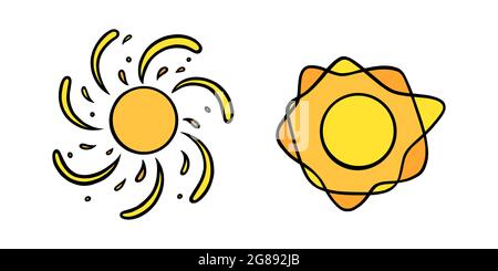 Handgezeichnetes Set mit gelben Sonnen. Bunt leuchtende Sonnen mit wirbelnden Balken im Doodle-Stil. Schwarz-Weiß-Vektorgrafik isoliert auf weißem Hintergrund Stock Vektor