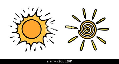 Handgezeichnetes Set mit gelben Sonnen. Bunt glänzende, wirbelnde Sonnen mit Balken im Doodle-Stil. Schwarz-Weiß-Vektorgrafik isoliert auf weißem Hintergrund Stock Vektor