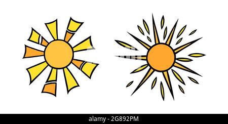 Handgezeichnetes Set mit gelben Sonnen. Bunt leuchtende Sonnen mit Balken im Doodle-Stil. Schwarz-Weiß-Vektorgrafik isoliert auf weißem Hintergrund Stock Vektor
