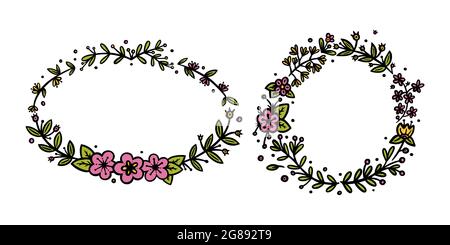 Blumenkränze für Einladungen und Kugeljourmals Dekoration. Kreis- und ovale Kranzteiler oder Ränder. Doodle-Vektordarstellung isoliert in Stock Vektor