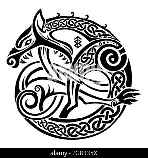 Skandinavisches Wikingerdesign. Illustration eines mythologischen Tieres - Fenrir Wolf im keltisch-skandinavischen Stil Stock Vektor