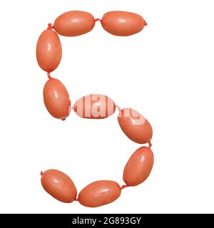 Nummer 5 fünf angeordnet aus Wurst isoliert auf weißem Hintergrund mit Clipping-Pfad. Köstliche Wurst Alphabet als Metapher, Konzept-Restaurant, groce Stockfoto
