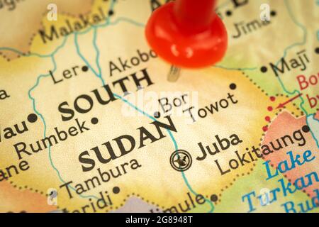 Ort Südsudan, Karte mit Stecknadel Nahaufnahme, Reise- und Reisekonzept mit Markierung, Afrika Stockfoto