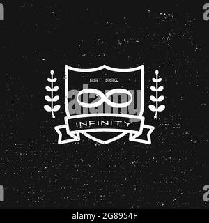 Infiniti-Logo-Vorlage mit Schild und floralen, Non-Stop-Symbole auf dunklem Hintergrund, bearbeitbare, isolierte Illustration Vintage-Stil mit Textur Stock Vektor