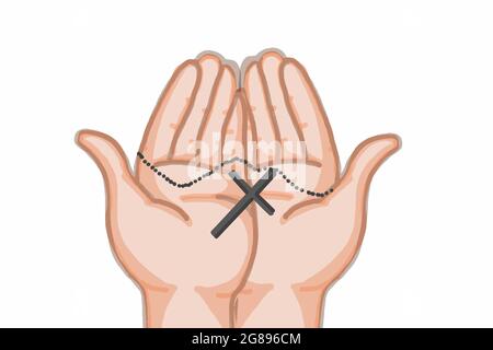 Menschliche offene Hände und betende Kruzifix Illustration Stockfoto