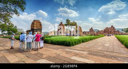 Pattadakal, Karnataka, Indien - 11. Januar 2020 : die Tempel und Schreine im Pattadakal-Tempelkomplex, der aus dem 7.-8. Jahrhundert, dem frühen Chalu, stammt Stockfoto