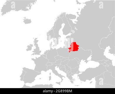 Weißrussland auf der europäischen Landkarte hervorgehoben. Belarussischer Staat auf der politischen europakarte markiert. Vektorgrafik Karte. Stock Vektor