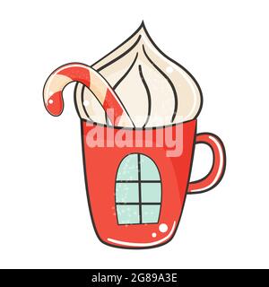 Rote Winterschale mit Süßigkeiten und Schlagsahne. Stock Vektor