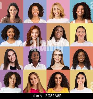 Attraktive Millennial-Frauen unterschiedlicher Nationalitäten lächeln auf Studiohintergrund Stockfoto