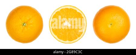Valencia orange, Draufsicht, halbiert mit Querschnitt und Draufsicht, isoliert und auf weißem Hintergrund. Reife Frucht von Citrus sinensis. Stockfoto