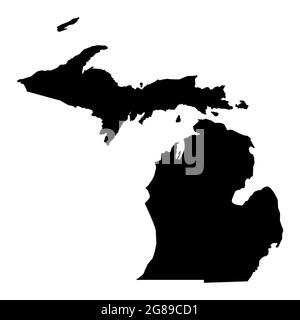 Michigan-Karte auf weißem Hintergrund. Schwarzes Michigan-Staatsschild. Michigan Staatssymbol. Flacher Stil. Stockfoto