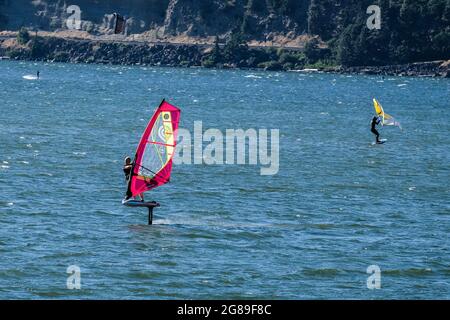 Windsurfer auf Folie (Hydrofoil-Windsurfer), Columbia River, Hood River, Oregon, Pacific Northwest, USA. Stockfoto