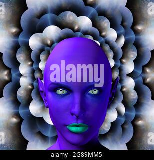 Das Gesicht eines Außerirdischen in endlosen Weiten. Sci-Fi-Komposition. 3D-Rendering. Stockfoto